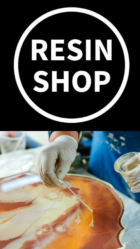 Collage of resin-related activities and products with 'Resin Shop' branding.