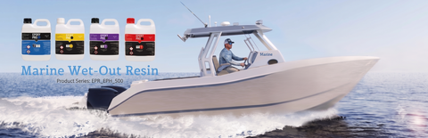 A white motorboat with a driver on the water, alongside four Marine Wet-Out Resin bottles in different colors, with blue text reading 'Marine Wet-Out Resin' and 'Product Series EPS-500'.